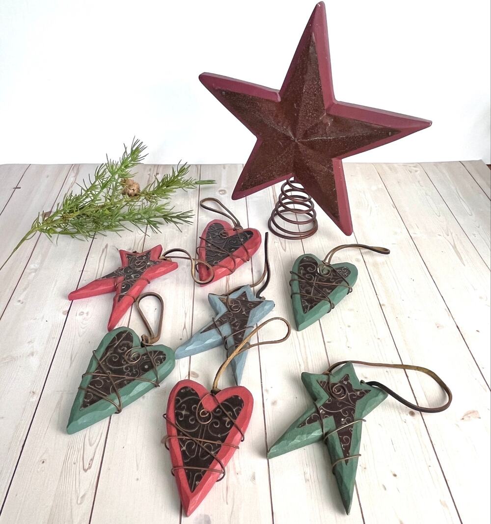 Rustic Western Wooden, Wire, Metal Leather Star & Hearts Ornaments & Tree Topper